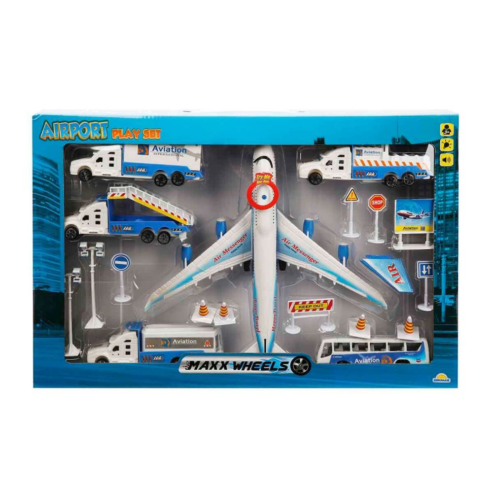 Комплект за игра летище и син самолет със светлини и звуци, Maxx Wheels