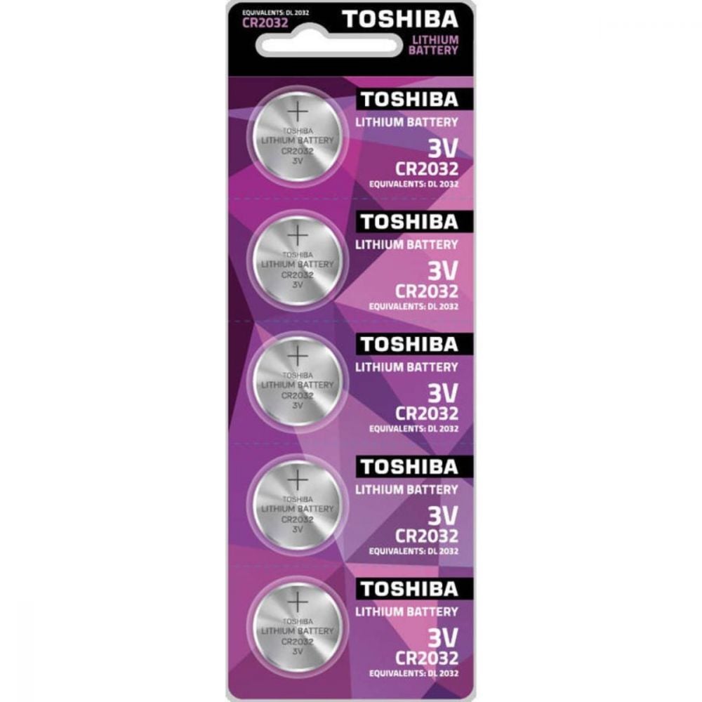 Комплект от 5 алкални батерии Toshiba, CR2032, 3 V