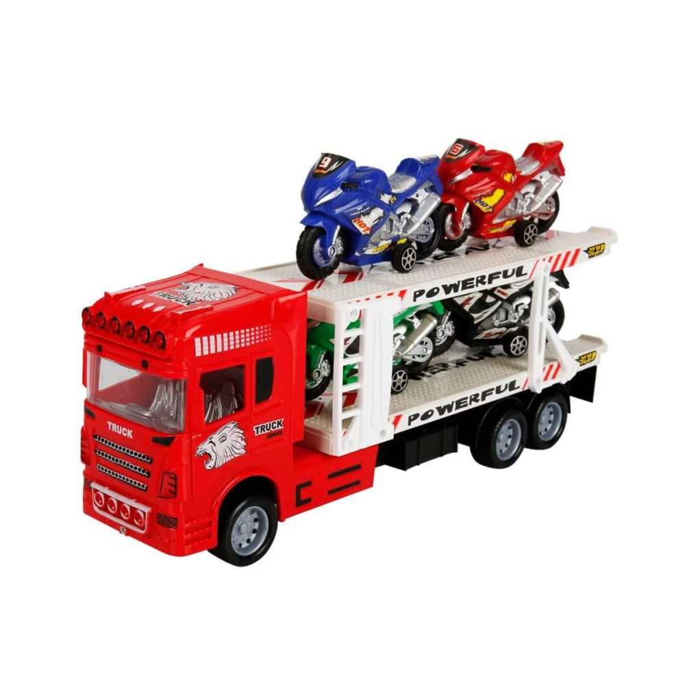 Червен транспортер с 2 нива и 4 мотоциклета, Maxx Wheels, 1:32, 32 см
