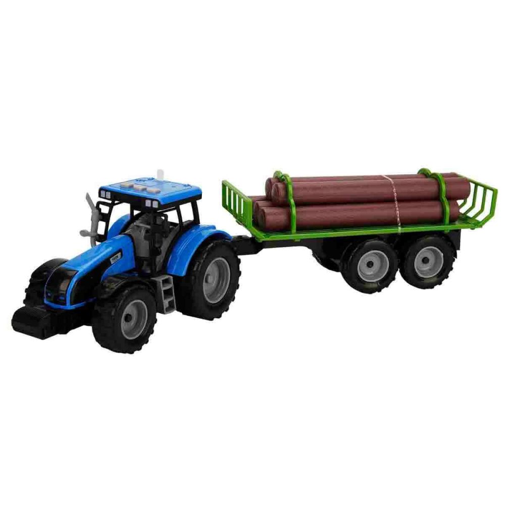 Син трактор с ремарке с дърва, със светлини и звуци, колела Maxx, 44см