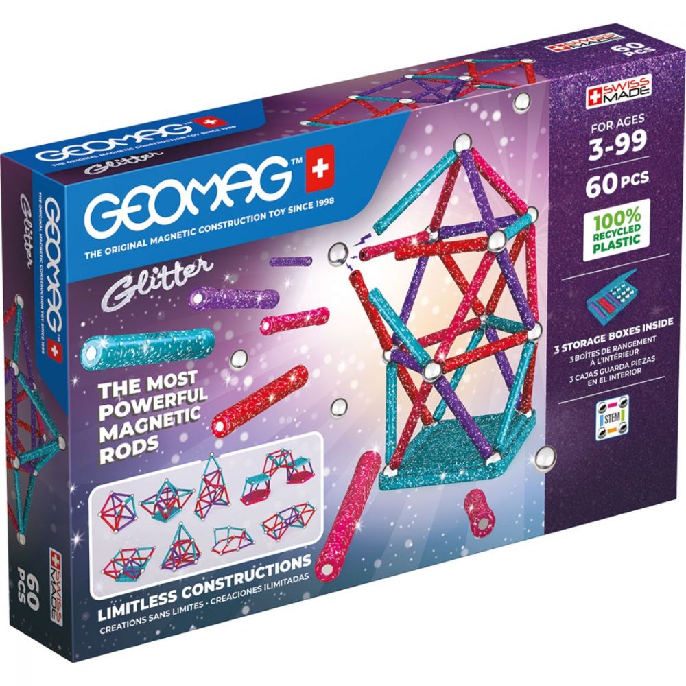 Игра с магнитна конструкция, Geomag Glitter, 60 Части, Рециклирана