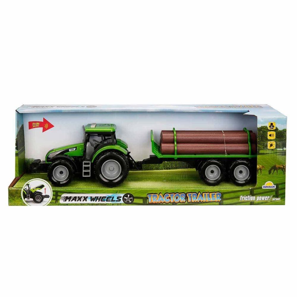Зелен трактор с ремарке с дърва, със светлини и звуци, колела Maxx, 44см