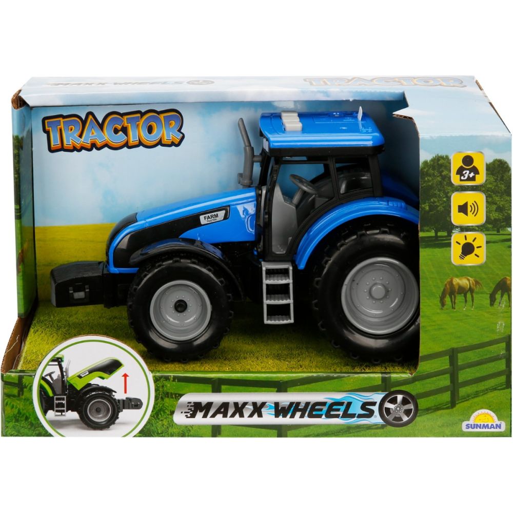 Син трактор със светлини и звуци, Maxx Wheels, 18см