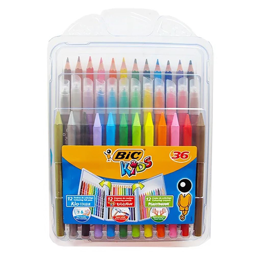 Комплект за оцветяване, Bic, 12 молива, 12 маркера и 12 восъчни молива