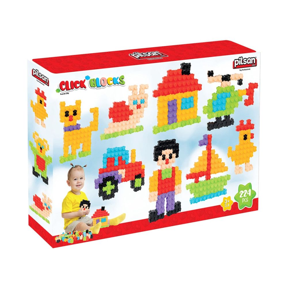 Комплект за игра, кутия със строителни блокчета, Click Blocks, Pilsan, 224 части