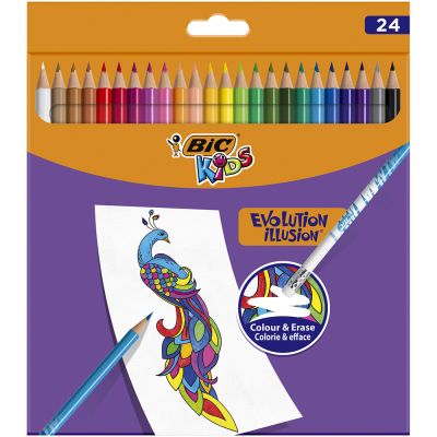 987869_001w 3086123570900 Цветни моливи с гумички Evolution Illusion Bic, 24 цвята