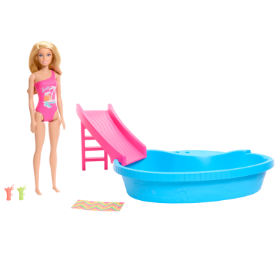 Комплект за игра с кукла Barbie, басейн с пързалка и аксесоари, HRJ74