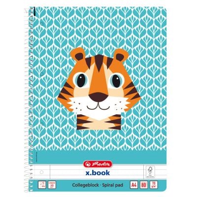 Тетрадка с редове и спирала, А4, Herlitz, Cute Animals, Тигър, 80 листа