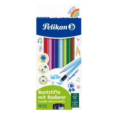 Комплект 12 шестоъгълни цветни молива с гумичка, Pelikan