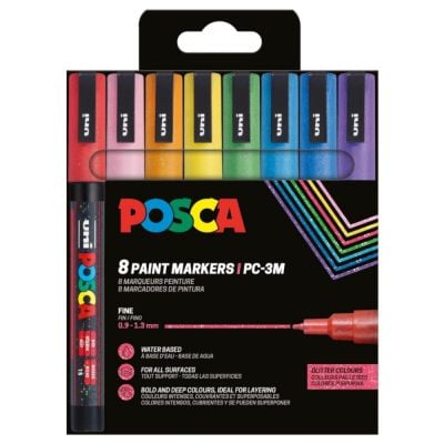 Комплект маркери Posca, UNI PC-3ML, 0.9-1.3 мм, с брокат, 8 цвята