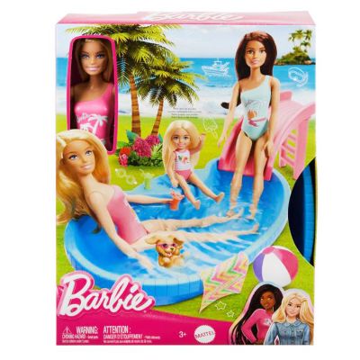 Комплект за игра с кукла Barbie, басейн с пързалка и аксесоари, HRJ74