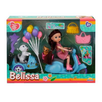 Комплект за игра с кукла Belissa на скутер и сладки животни, Син