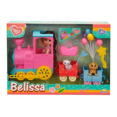 Комплект за игра с кукла Belissa, влакче и сладки животни, Розов