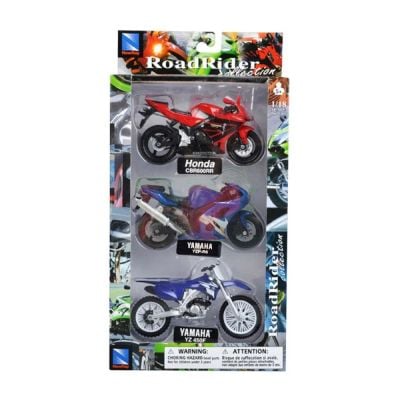 Комплект 3 метални мотоциклета, New Ray, Honda Suzuki Yamaha, 1:18