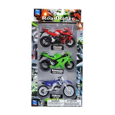 Комплект 3 метални мотоциклета, New Ray, Honda, Kawasaki, Yamaha, 1:18