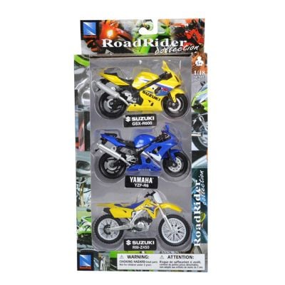 Комплект 3 метални мотоциклета, New Ray, Suzuki Yamaha Suzuki, 1:18