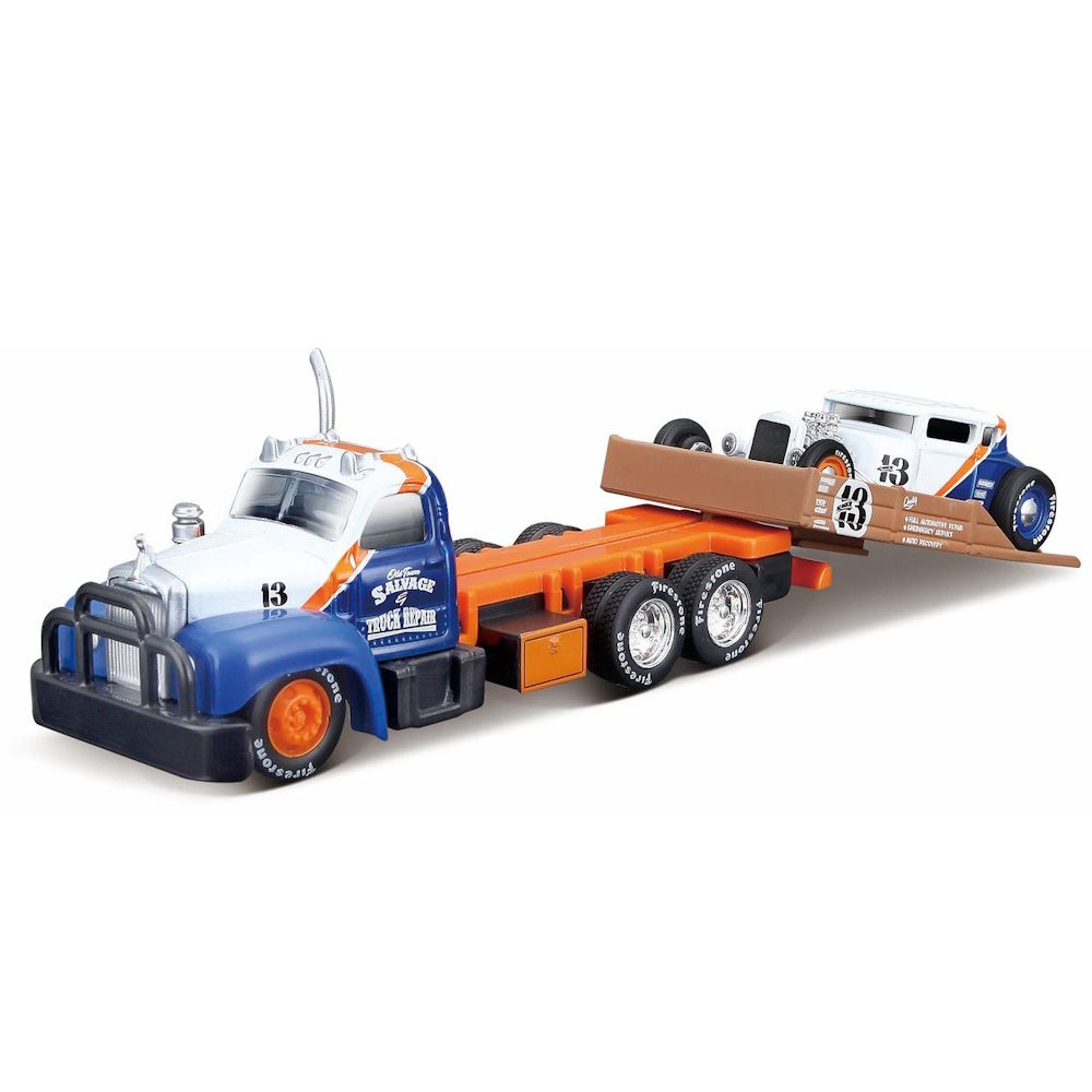 Транспортьор и количка Maisto Design, Elite Transport, 1953 B-61 Mack Flatbed и 1929 Ford Model A, 1:64