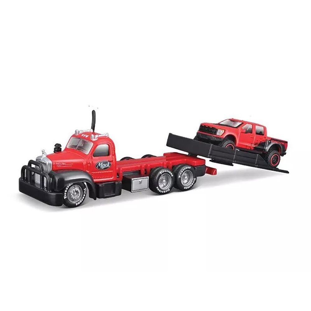 Транспортьор и количка Maisto Design, Elite Transport, 1953 B-61 Mack Flatbed и 2021 Ford Raptor, 1:64