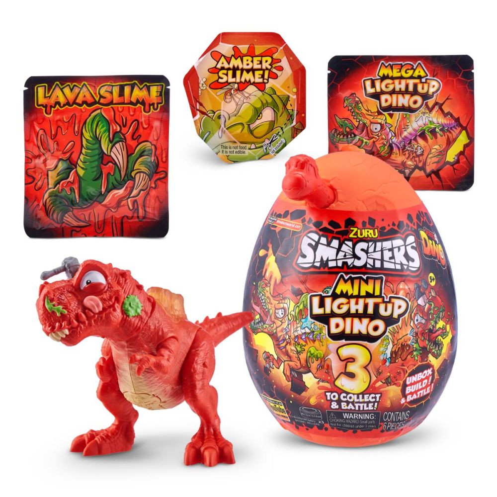 Фигурка на динозавър в яйце, Smashers, Mini Light Up Dino, Червен, 13 см