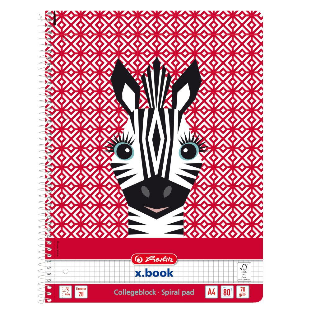 Тетрадка с квадратчета и спирала, А4, Herlitz, Cute Animals, Зебра, 80 листа
