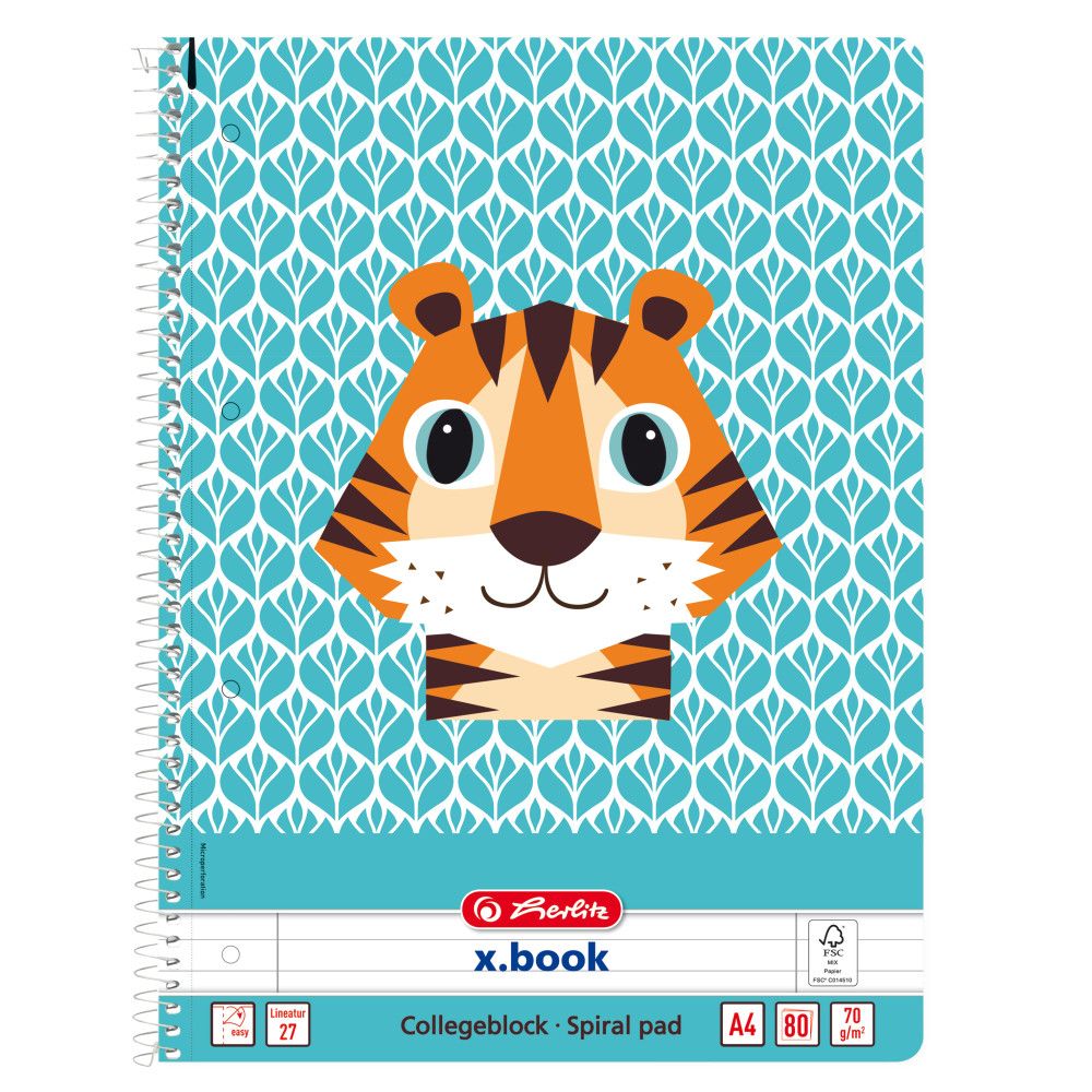 Тетрадка с редове и спирала, А4, Herlitz, Cute Animals, Тигър, 80 листа