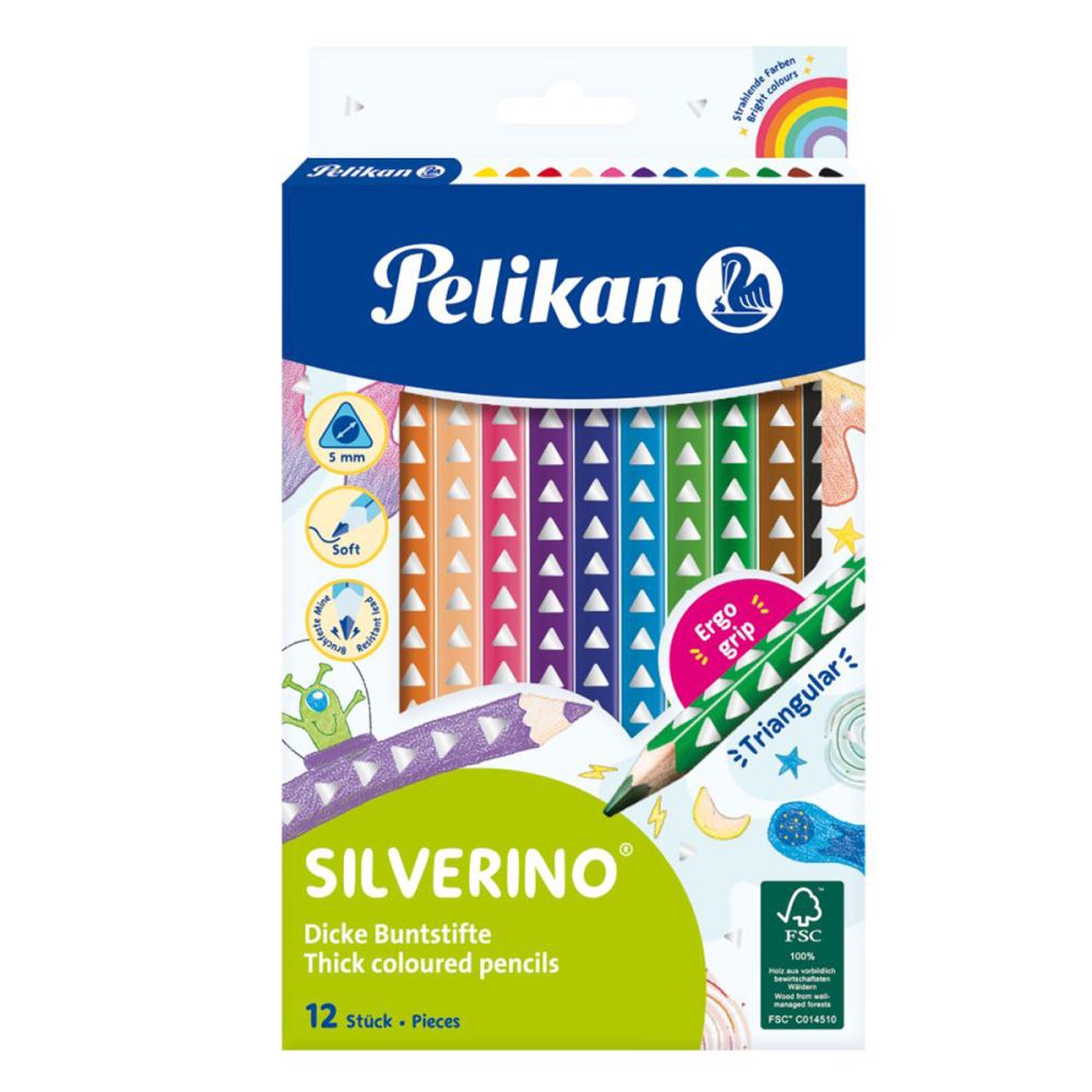 Комплект 12 триъгълни цветни молива, Pelikan, Silverino