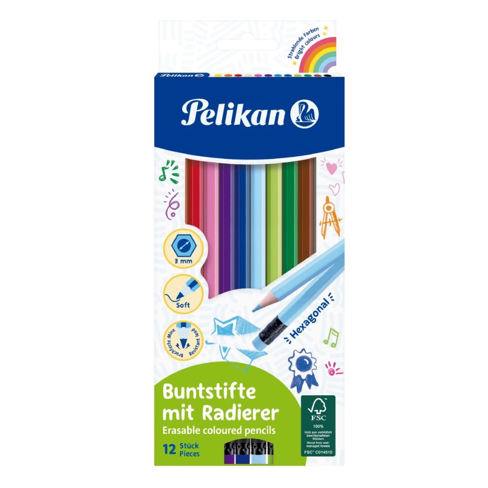 Комплект 12 шестоъгълни цветни молива с гумичка, Pelikan