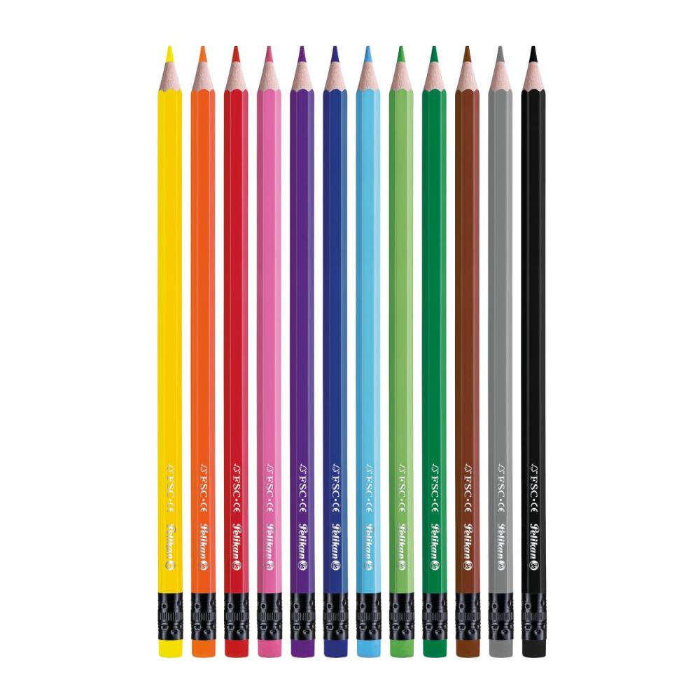 Комплект 12 шестоъгълни цветни молива с гумичка, Pelikan