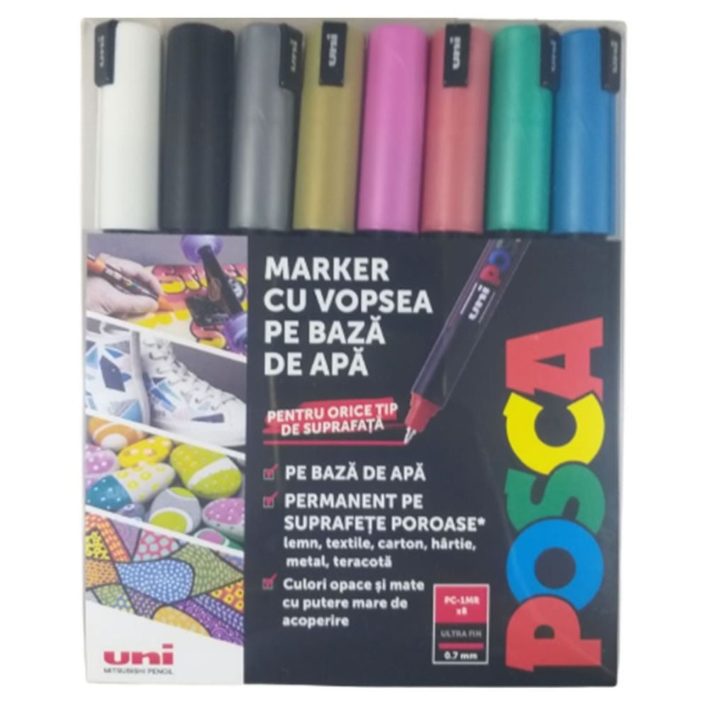 Комплект маркери Posca, UNI PC-1MR, 0.7 мм, Фин Метален Връх, 8 металически цвята