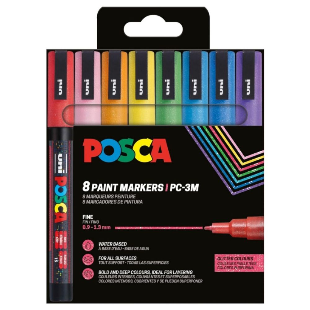 Комплект маркери Posca, UNI PC-3ML, 0.9-1.3 мм, с брокат, 8 цвята