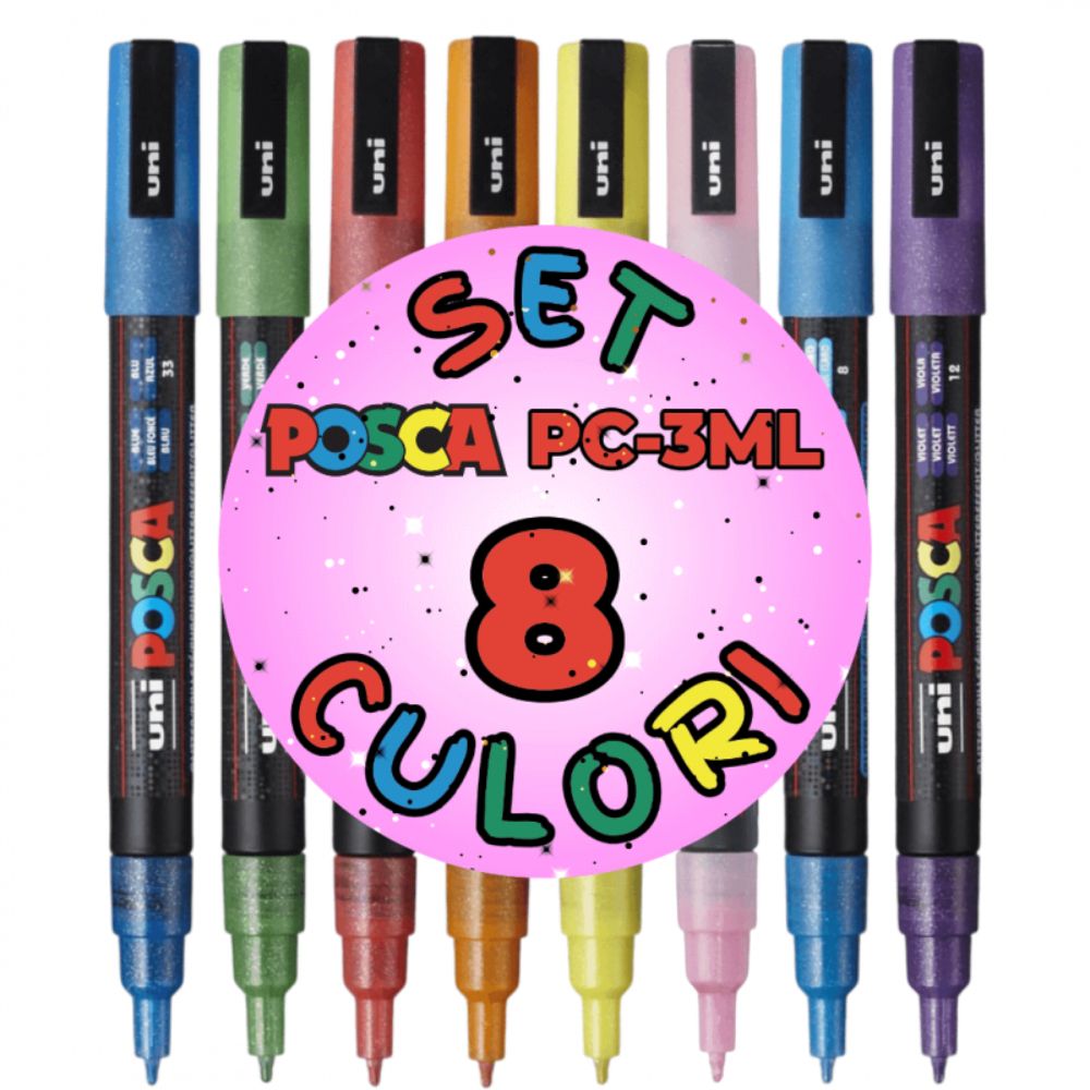 Комплект маркери Posca, UNI PC-3ML, 0.9-1.3 мм, с брокат, 8 цвята