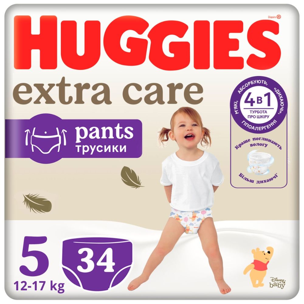 Памперси тип гащички Huggies, Extra Care Pants Mega, Размер 5, 12-17 кг, 34 бр.