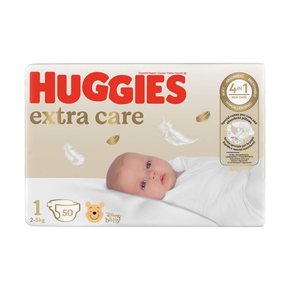 Памперси Huggies Extra Care, Размер 1, 2-5 кг, 50 бр.
