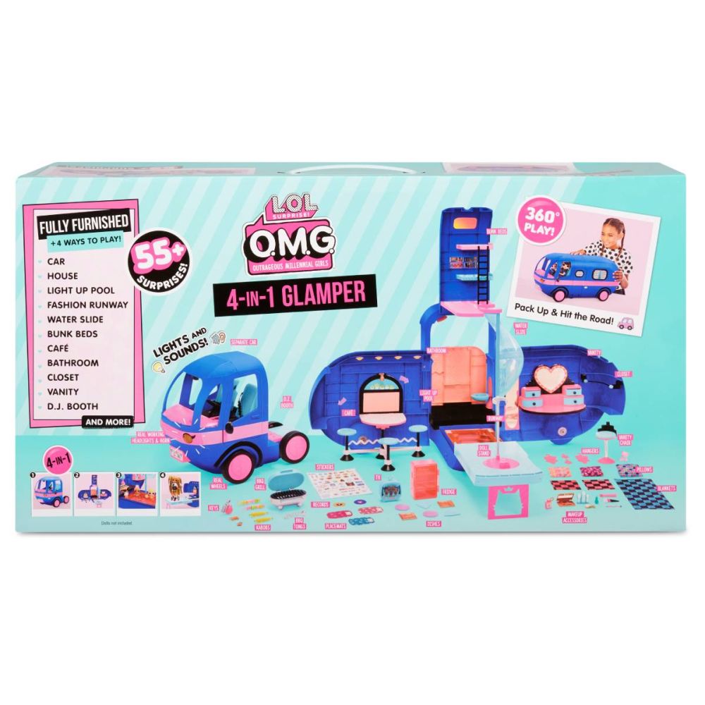 LOL Surprise OMG 4 in 1 Glamper, Комплект за игра Каравана със светлини, звуци и 55 изненади
