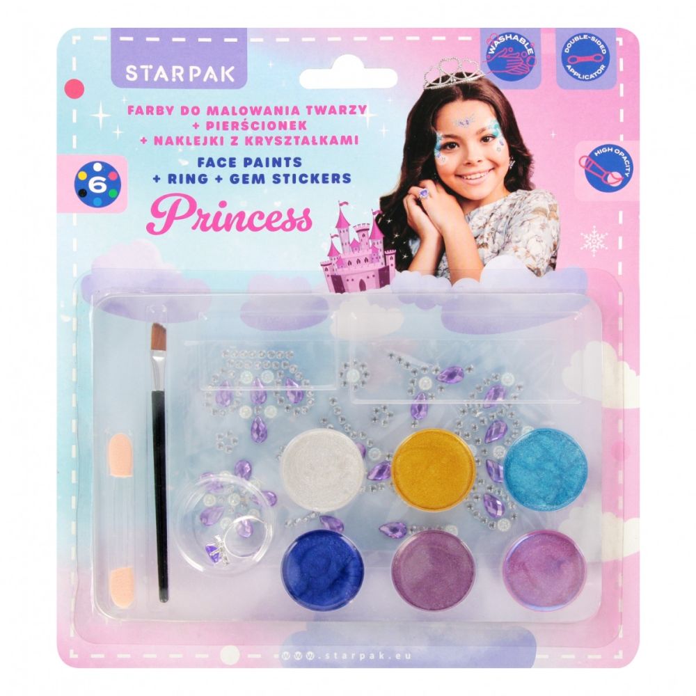 Комплект за рисуване на лице, с четка, апликатор и стикери, Starpak, Princess, 6 цвята