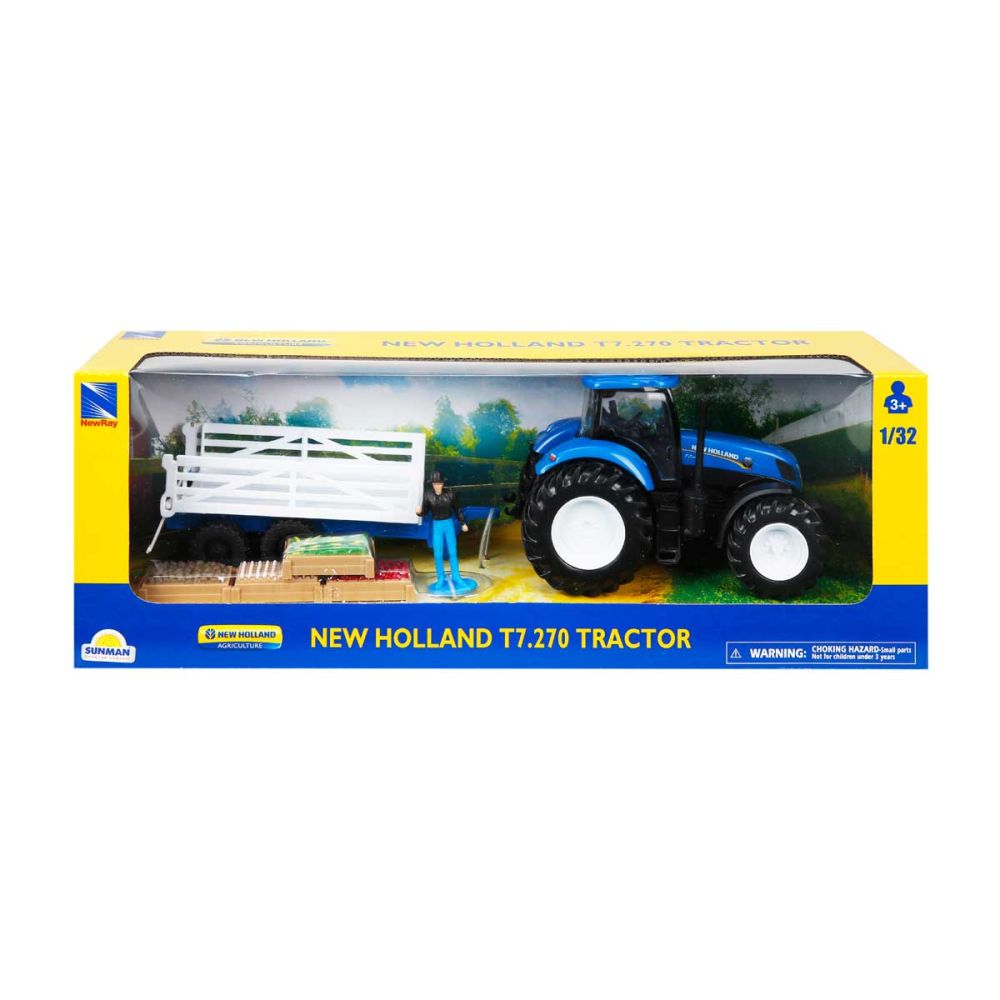 Трактор с ремарке и фигурка, New Ray, New Holland T7.270, 1:32