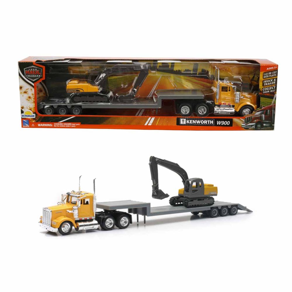 Транспортен камион с багер, New Ray, Kenworth W900, 1:43