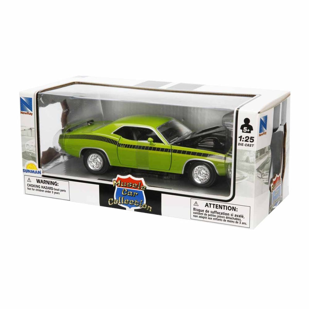 Метален автомобил, New Ray, 1970 Plymouth Cuda, Зелен, 1:25