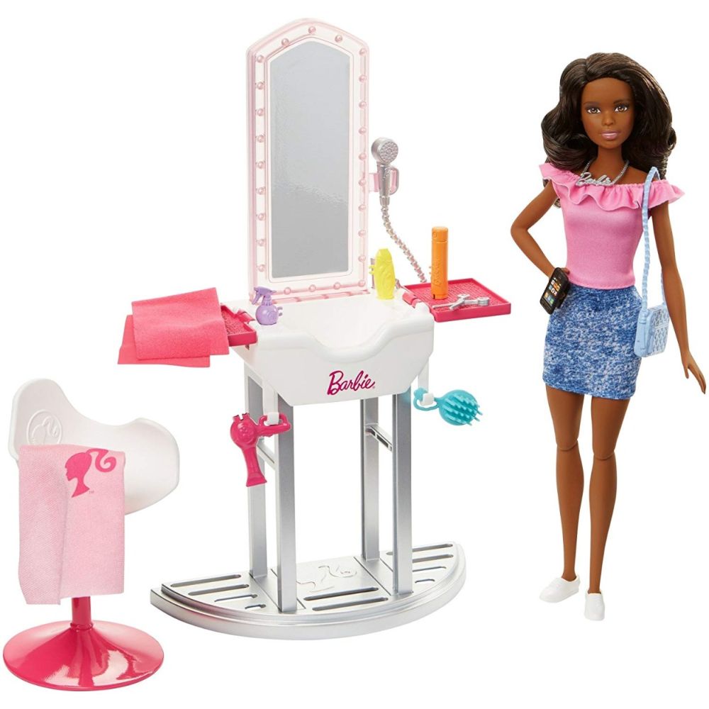 Комплект кукла Barbie брюнетка с аксесоари за фризьор, FJB37