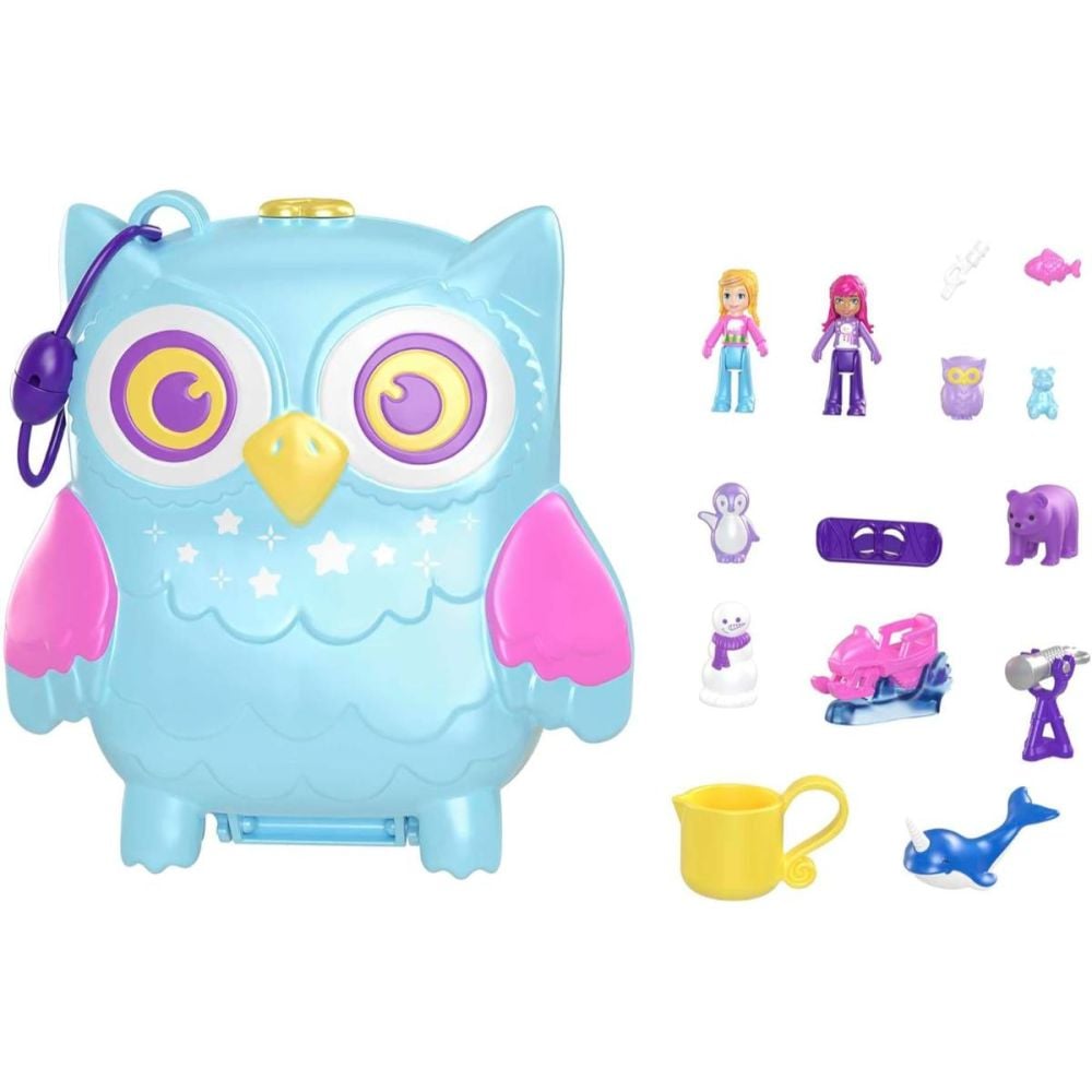 Комплект за игра с 2 кукли и 12 аксесоара Polly Pocket, Snowy Sleepover Owl, HKV37