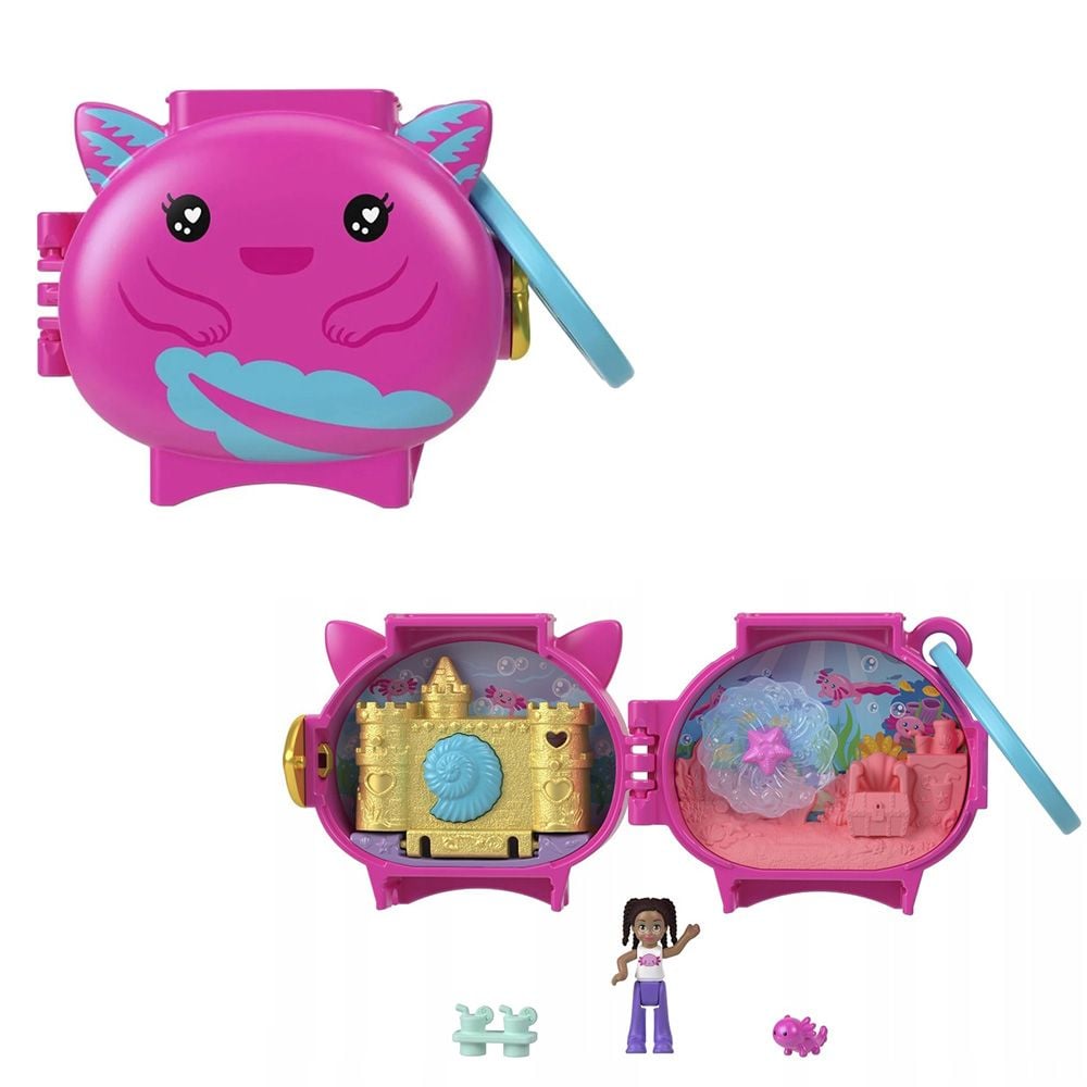 Мини чантичка във формата на животно с аксесоари, Polly Pocket, Axolotl, HXX22