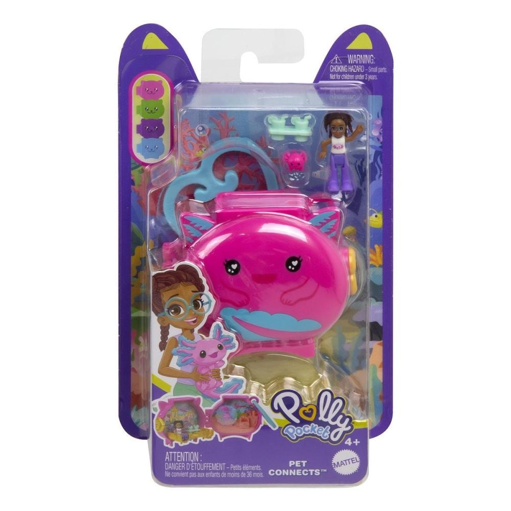 Мини чантичка във формата на животно с аксесоари, Polly Pocket, Axolotl, HXX22