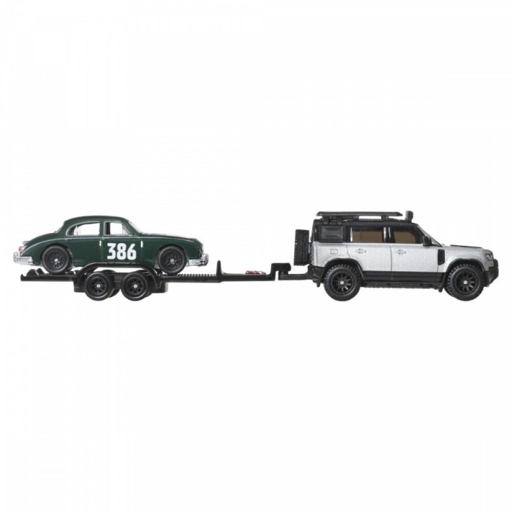 Транспортьор с количка Hot Wheels, Team Transport, 2023 Land Rover Defender 110 и Jaguar MK1, JBM29