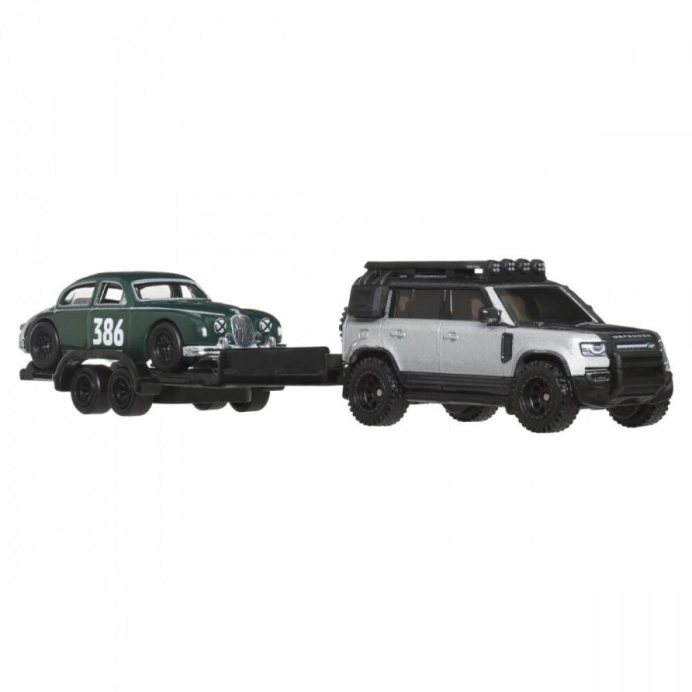 Транспортьор с количка Hot Wheels, Team Transport, 2023 Land Rover Defender 110 и Jaguar MK1, JBM29