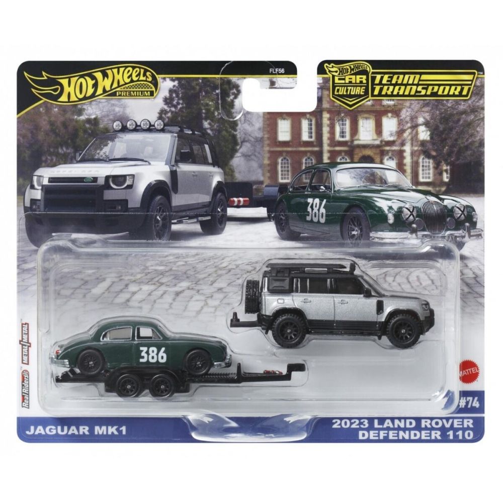 Транспортьор с количка Hot Wheels, Team Transport, 2023 Land Rover Defender 110 и Jaguar MK1, JBM29