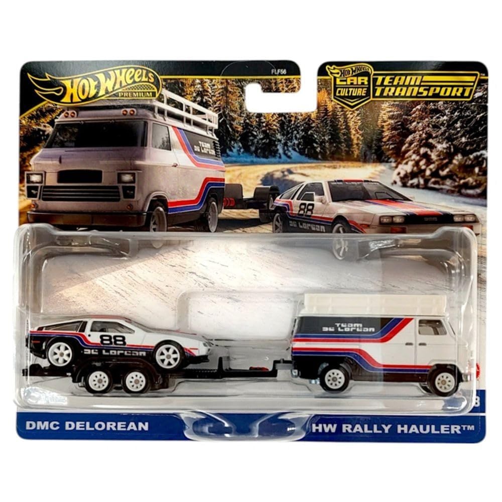 Транспортьор с количка Hot Wheels, DMC Delorean si HW Rally Hauler, JBM35