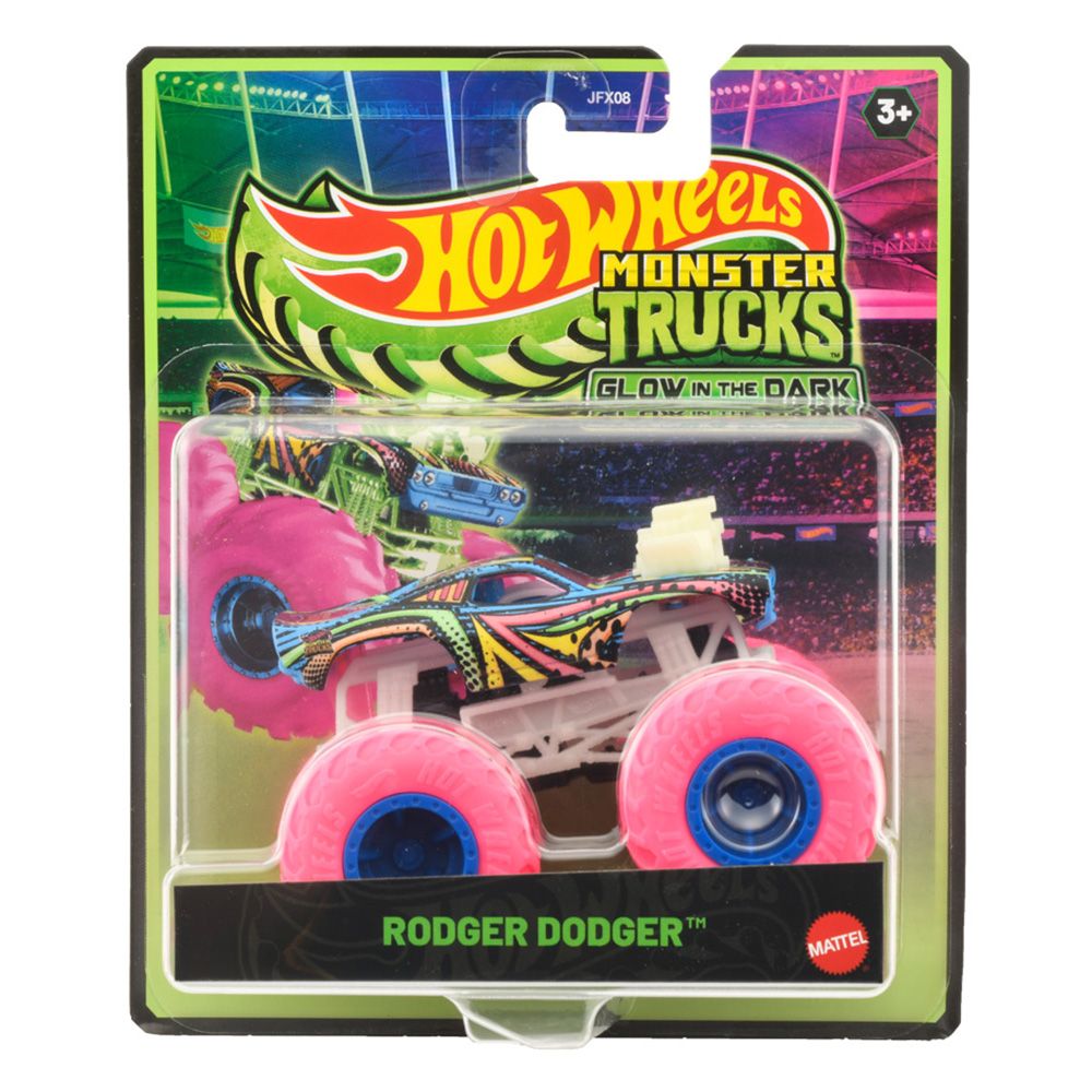 Количка Hot Wheels, Monster Truck, Glow In The Dark, Rodger Dodger, JFX18