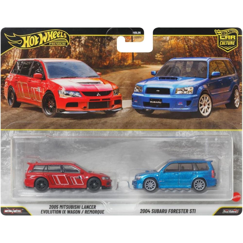 Комплект 2 метални колички, Hot Wheels, Car Culture, 2005 Mitsubishi Lancer Evolution IX Wagon si 2004 Subaru Forester STI, JHW46