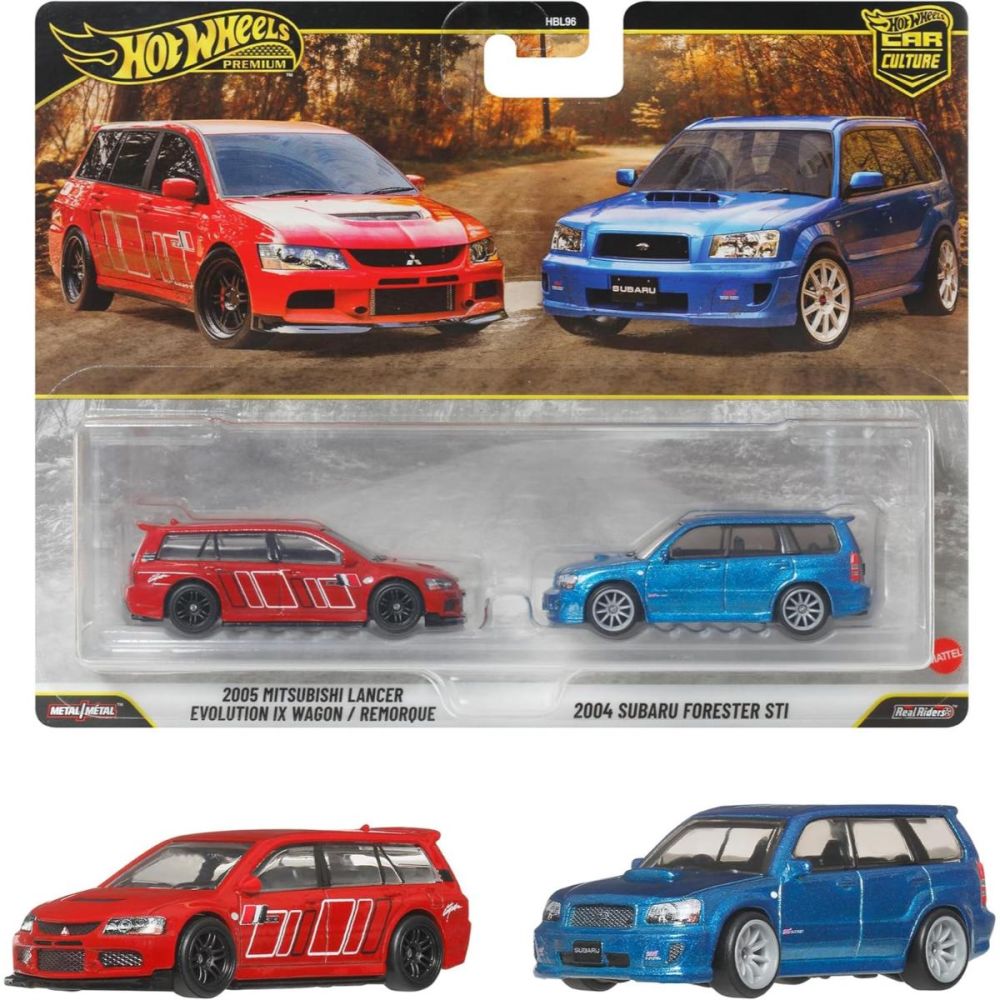 Комплект 2 метални колички, Hot Wheels, Car Culture, 2005 Mitsubishi Lancer Evolution IX Wagon si 2004 Subaru Forester STI, JHW46