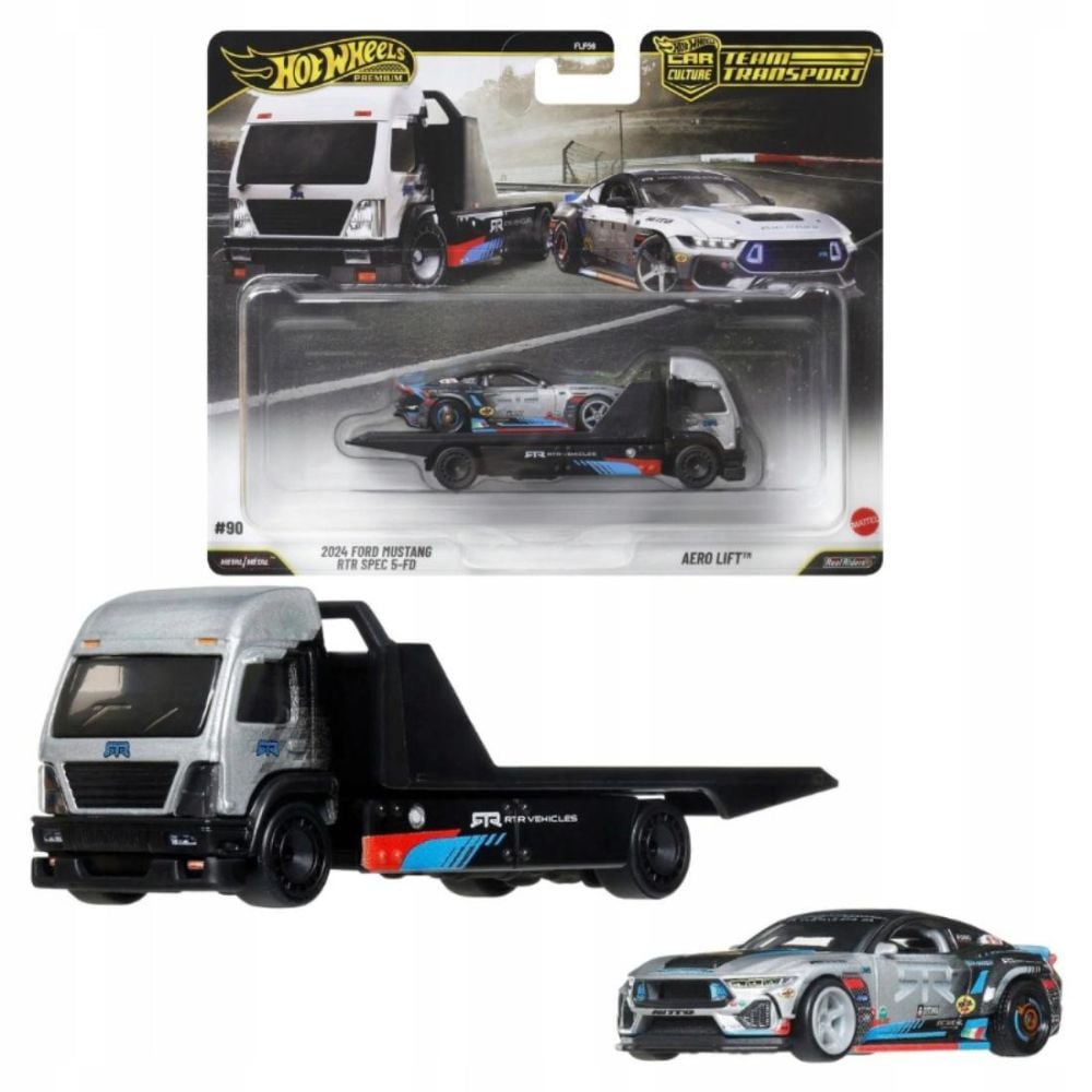 Автовоз с количка Hot Wheels, Car Culture Team Transport, 2024 Ford Mustang RTR Spec 5-FD и Aero Lift, JHX92 